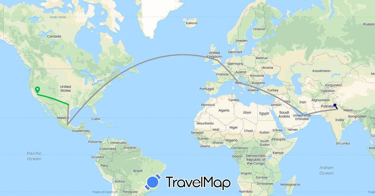 TravelMap itinerary: driving, bus, plane in United Arab Emirates, United Kingdom, India, Italy, Mexico, United States (Asia, Europe, North America)